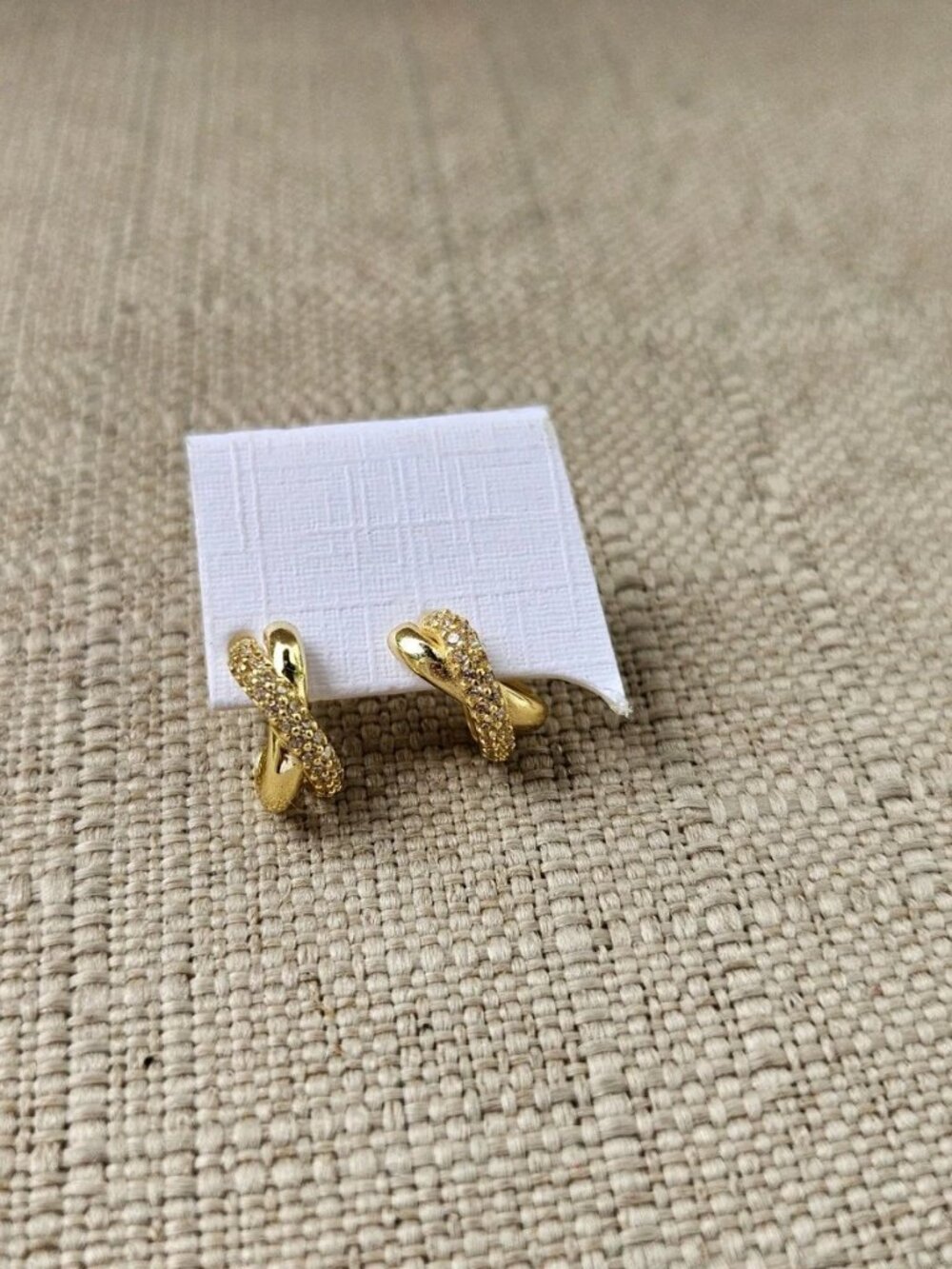 Gold Tone Twisted Hoop Earrings with Rhinestones Fashion Jewelry Stud Earrings - Picture 5 of 11